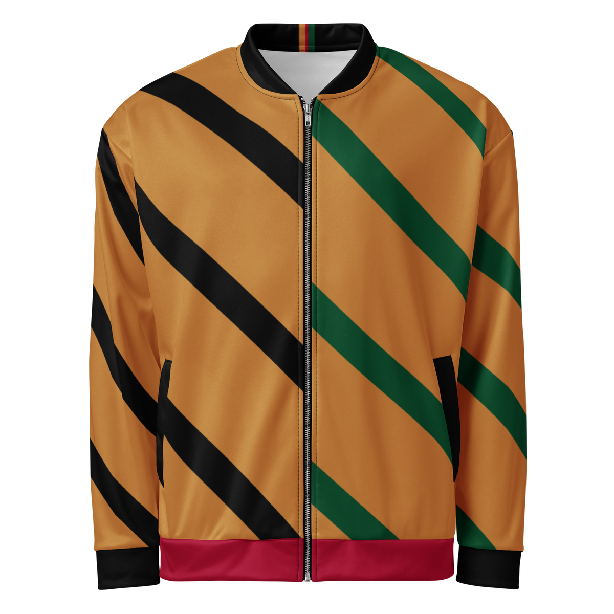 Pan African Heritage Bomber Jacket, flat front view: gold body with black and green diagonal stripes and a red hem. Vigatour Mark I
