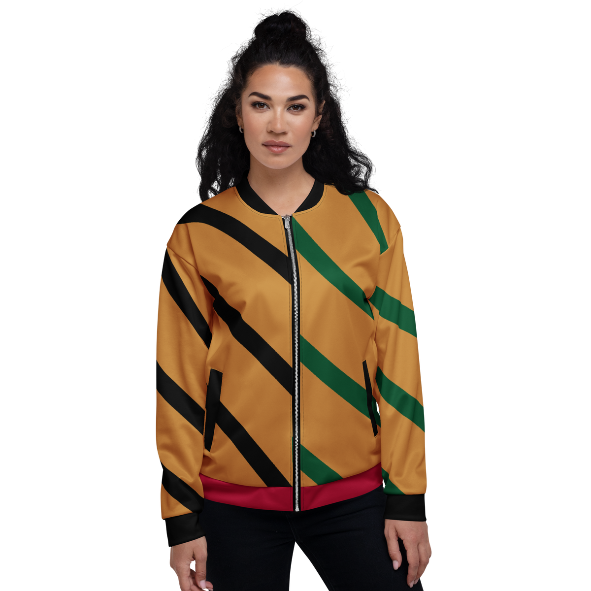 Woman wearing the Pan African Heritage Bomber Jacket, front view. Vigatour Mark I
