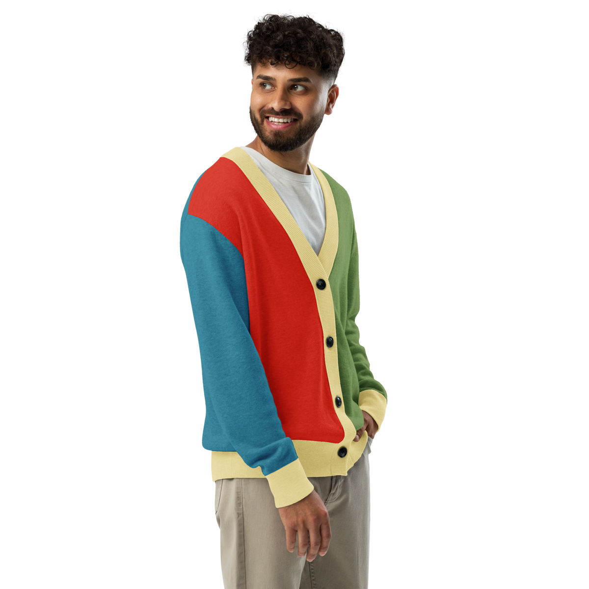 Man wearing the Bacha Amazigh Cardigan, three-quarter view. Vigatour Mark I