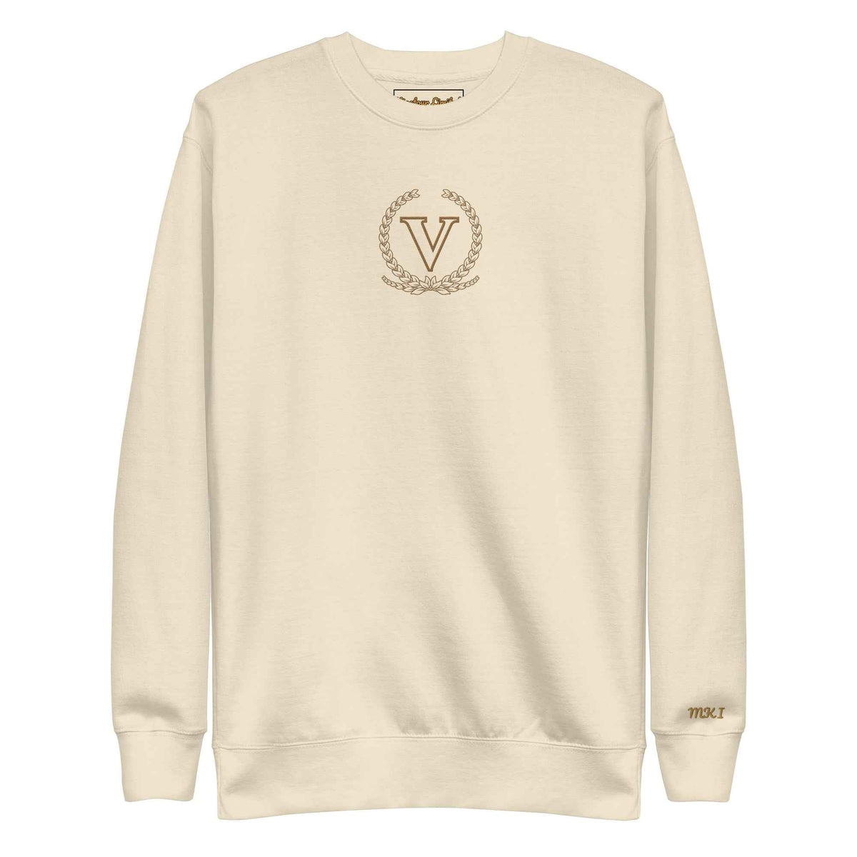 Core V Sweatshirt in Bone, front view with the embroidered V crest. Vigatour Mark I