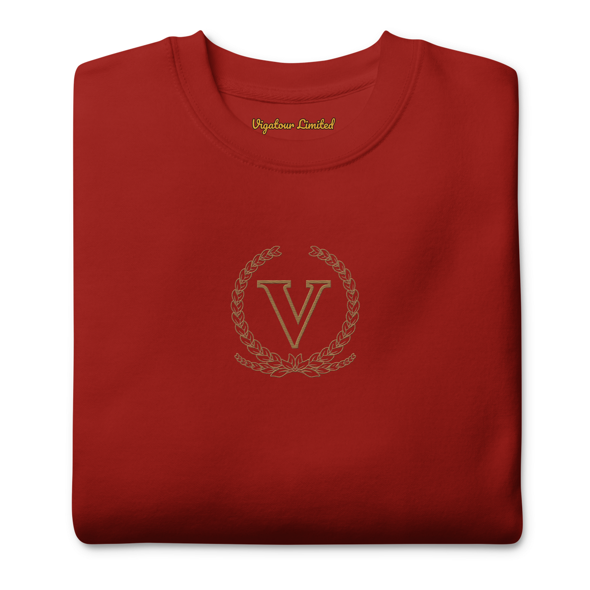 Core V Sweatshirt in Cardinal, folded, close-up of the embroidered V crest. Vigatour Mark I