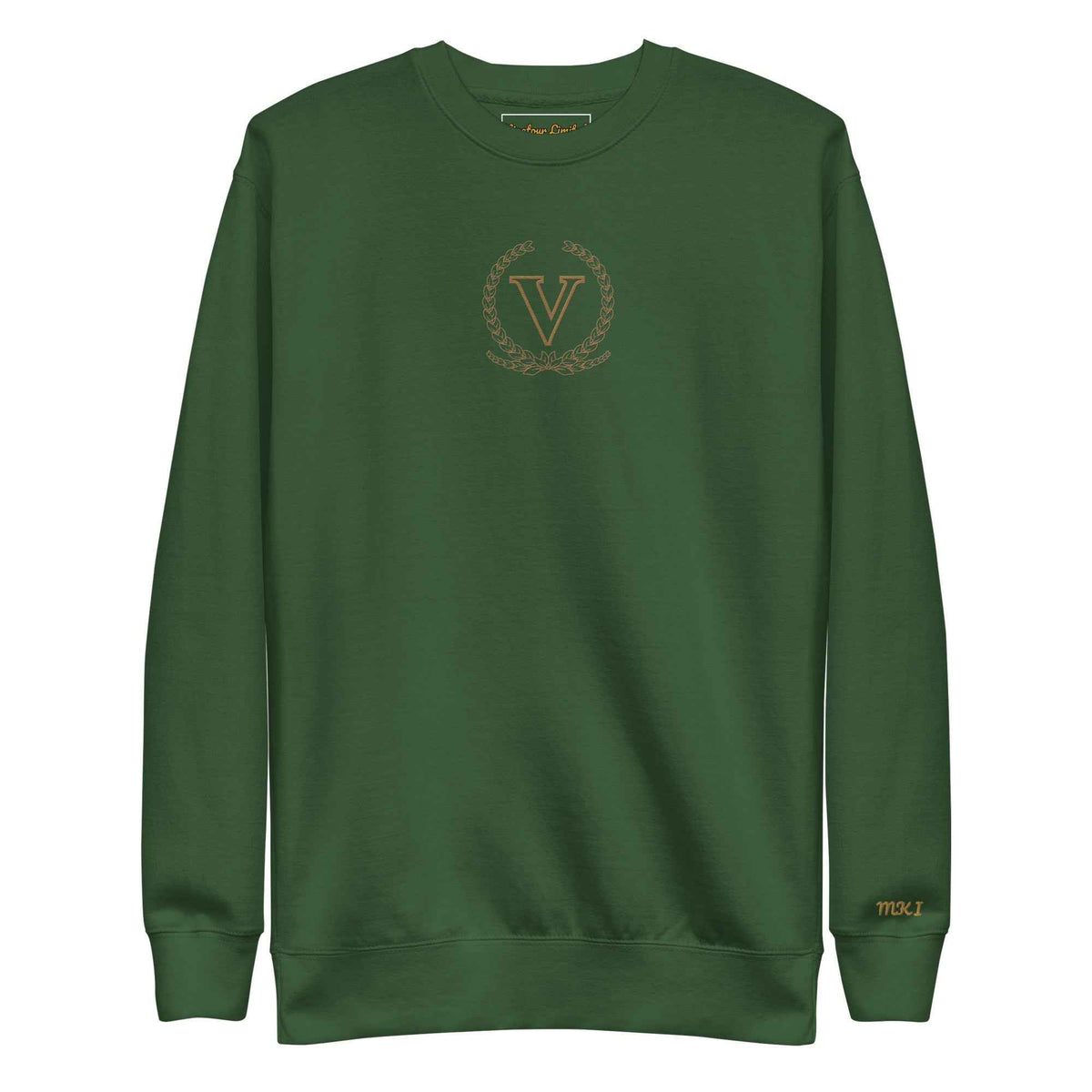 Core V Sweatshirt in Forest Green, front view with the embroidered V crest. Vigatour Mark I