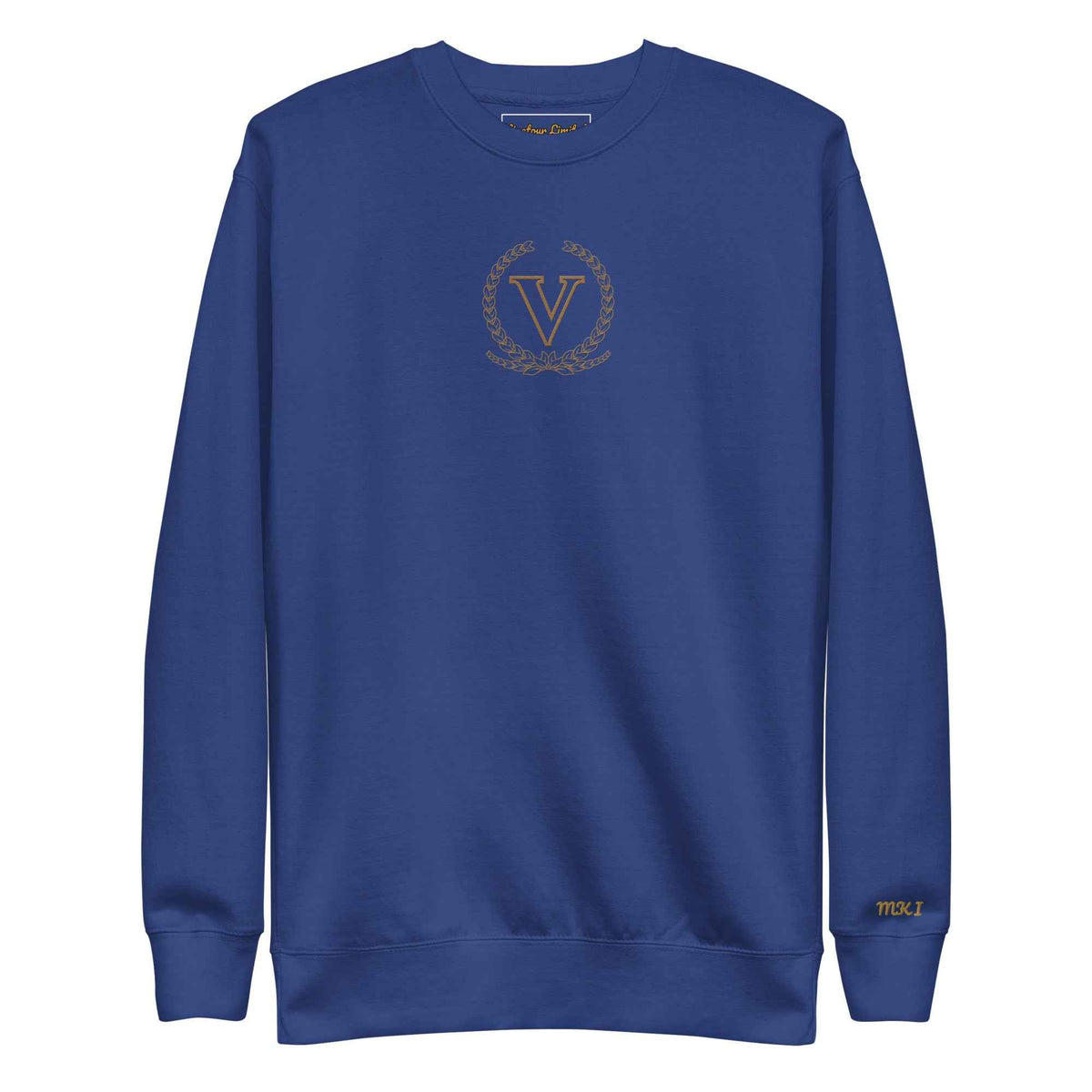 Core V Sweatshirt in Team Royal, front view with the embroidered V crest. Vigatour Mark I