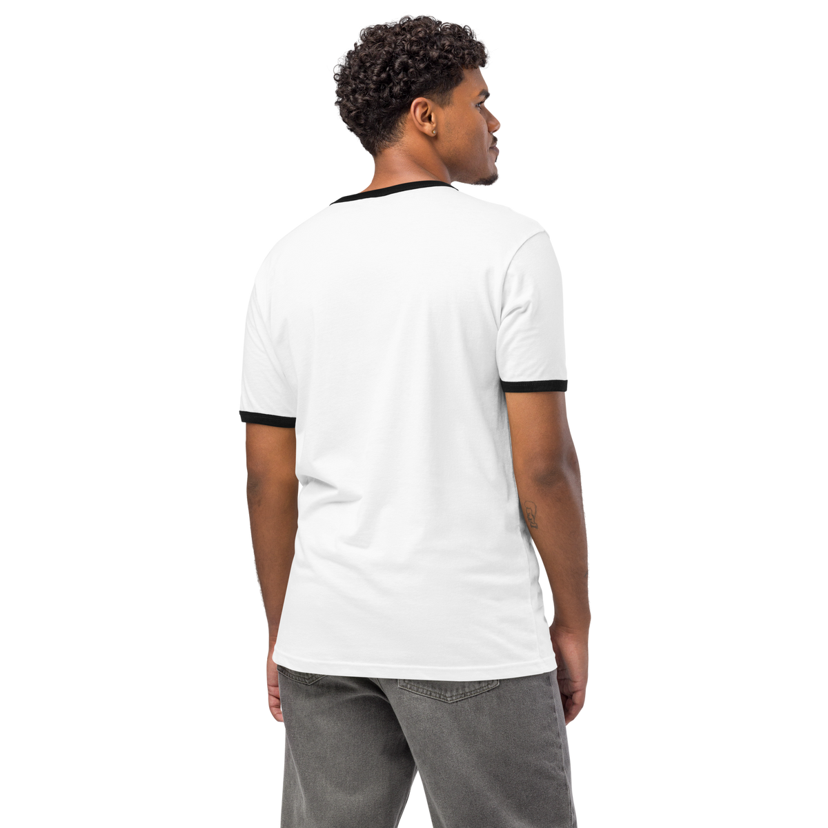 Man wearing Der Klassiker Ringer, white with black trim, back view. Vigatour Mark I