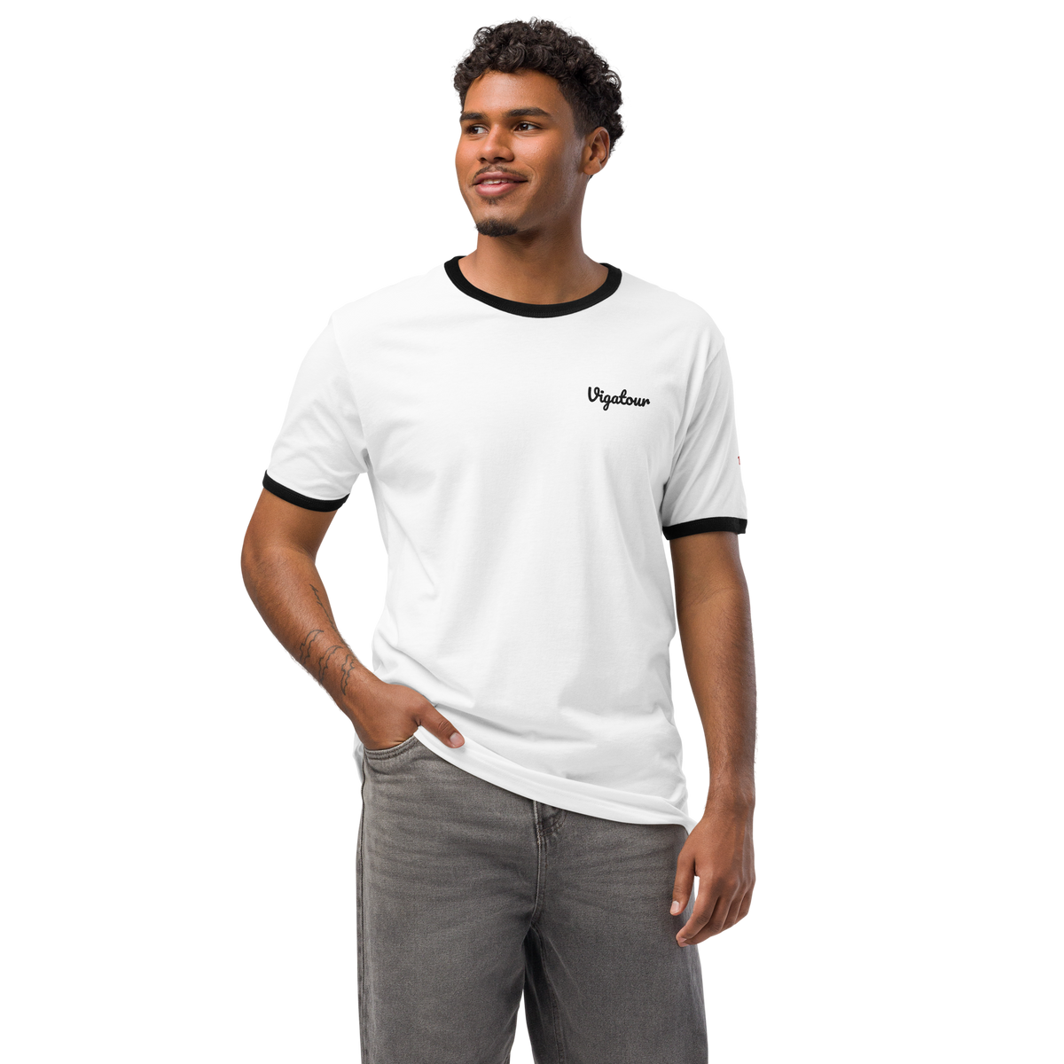 Man wearing Der Klassiker Ringer, front view with chain-stitch Vigatour script. Vigatour Mark I