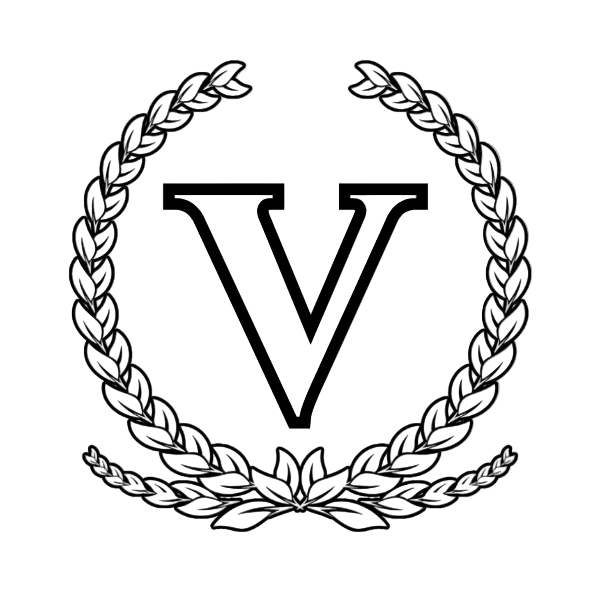 Black letter 'V' encircled by a laurel wreath on a white background