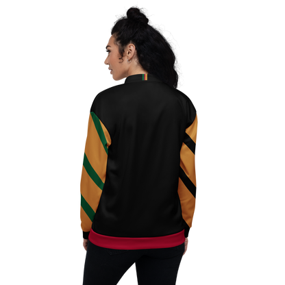 Woman wearing the Pan African Heritage Bomber Jacket, back view: black back with striped sleeves. Vigatour Mark I
