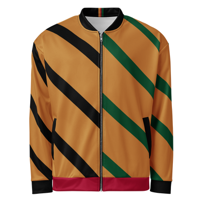 Pan African Heritage Bomber Jacket, flat front view: gold body with black and green diagonal stripes and a red hem. Vigatour Mark I