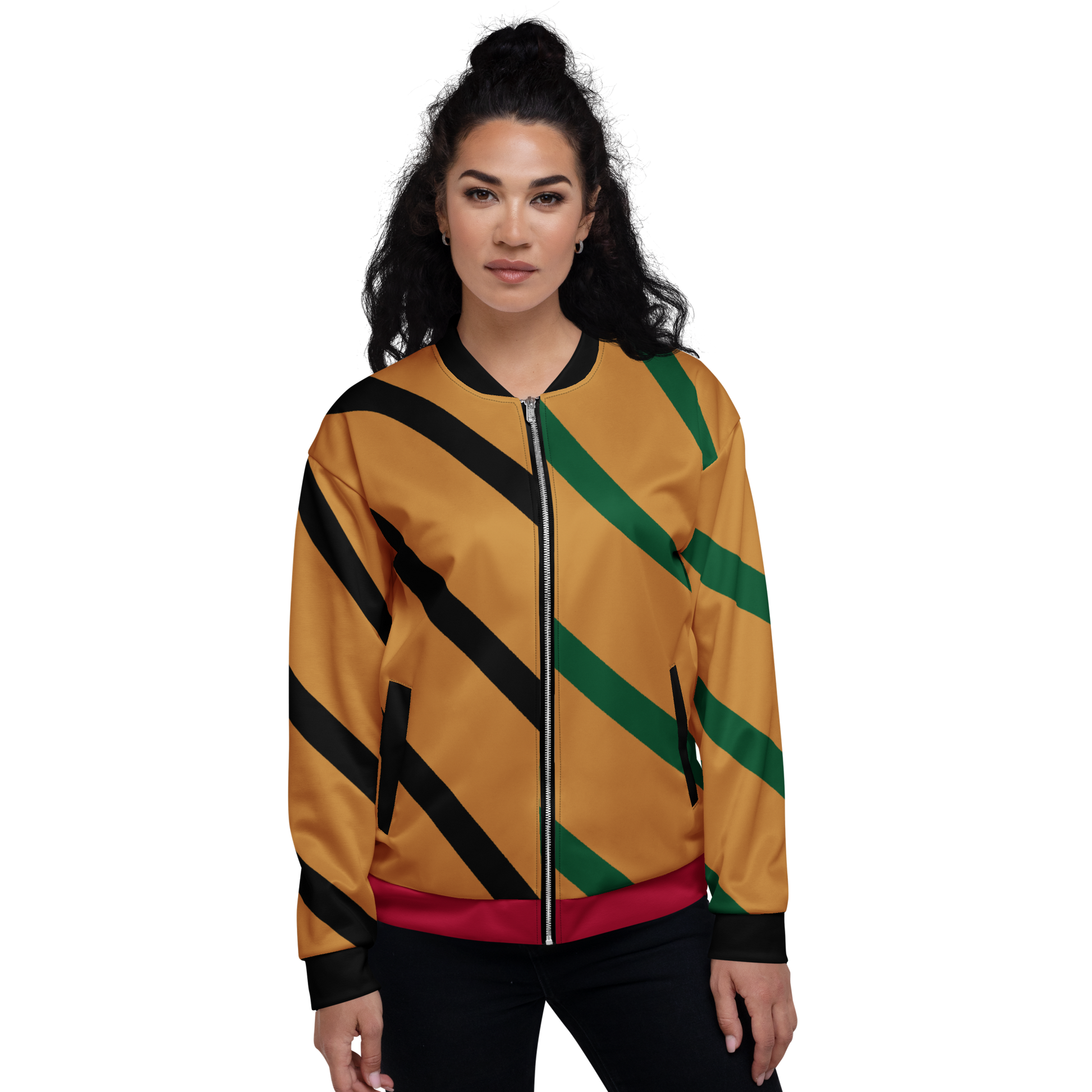 Woman wearing a jacket with black and green diagonal stripes on a white background