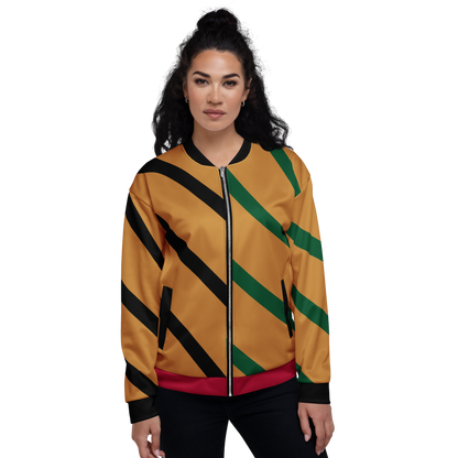 Woman wearing the Pan African Heritage Bomber Jacket, front view. Vigatour Mark I