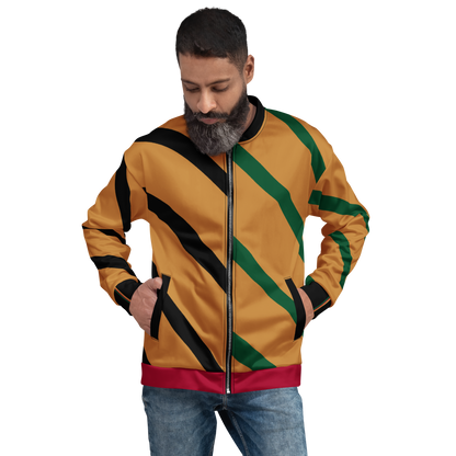 Man wearing the Pan African Heritage Bomber Jacket, front view. Vigatour Mark I