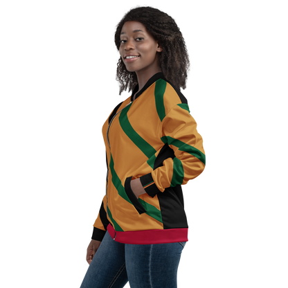 Woman wearing the Pan African Heritage Bomber Jacket, side view. Vigatour Mark I