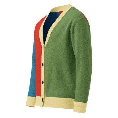 Bacha Amazigh Cardigan, left front view: red, blue and green colour blocks with cream trim. Vigatour Mark I