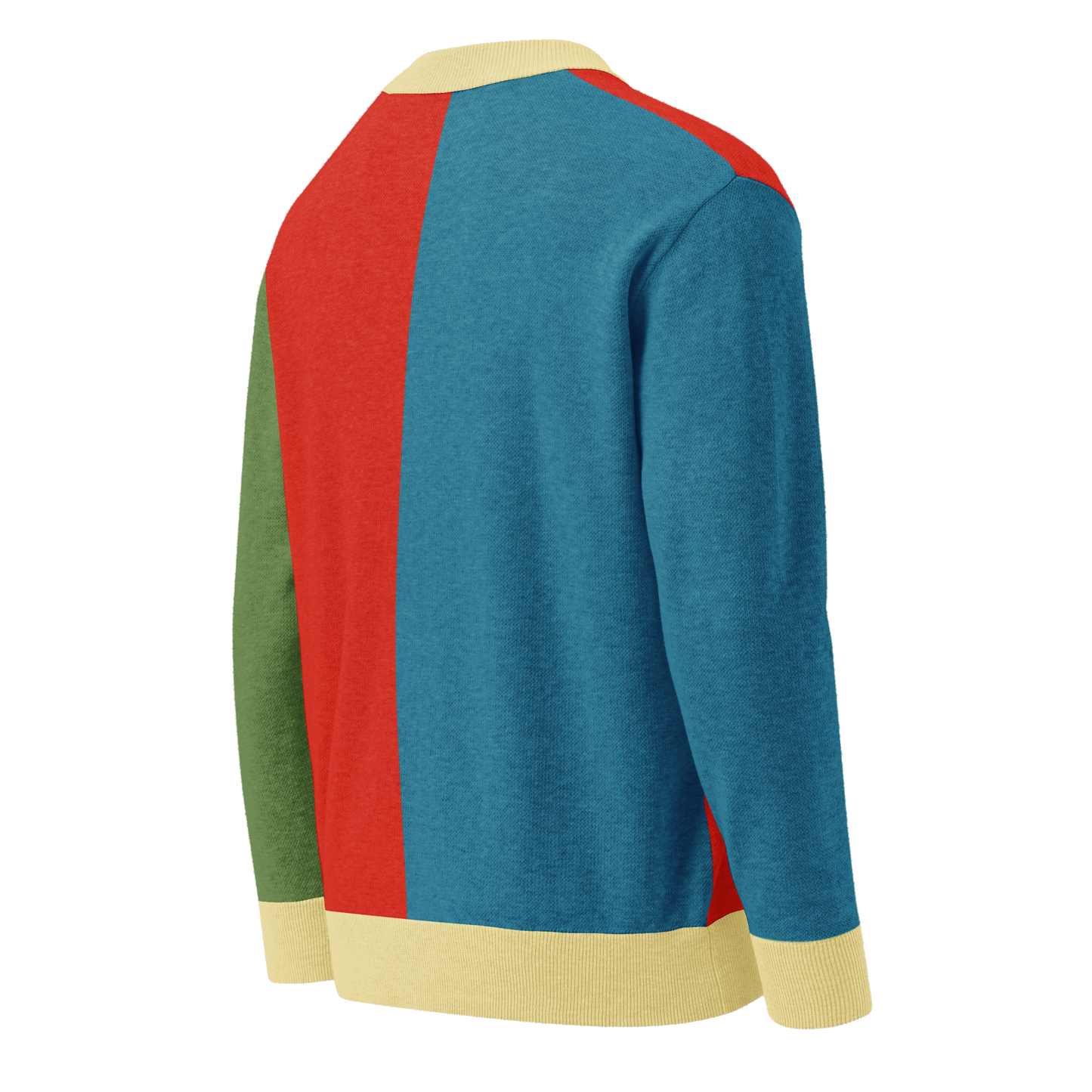 Color-blocked sweater with red, blue, green, and beige sections on a white background