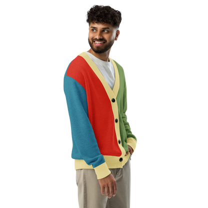 Man wearing the Bacha Amazigh Cardigan, three-quarter view. Vigatour Mark I