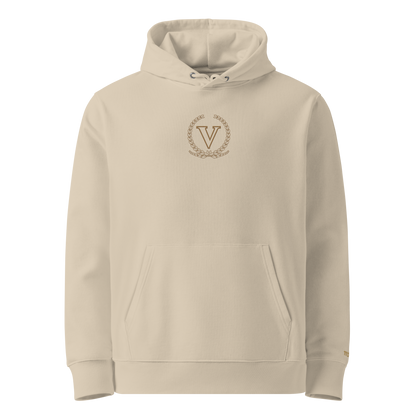 Desert Dust Hoodie in sand-coloured organic cotton, flat front view. Vigatour Mark I
