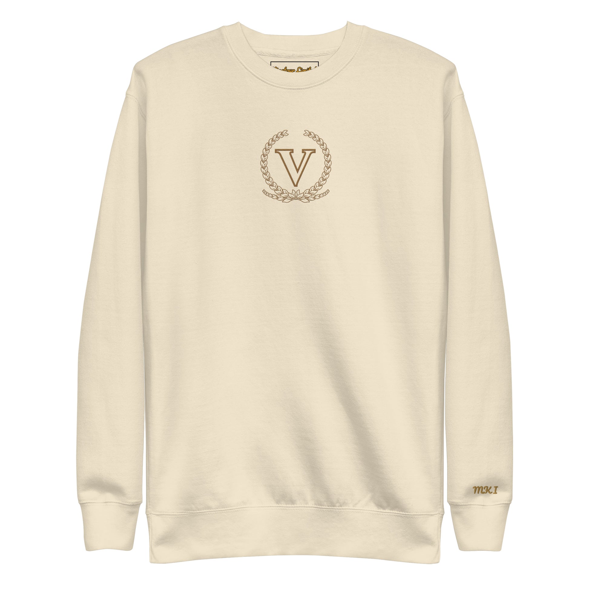 Beige sweatshirt with a logo on a white background
