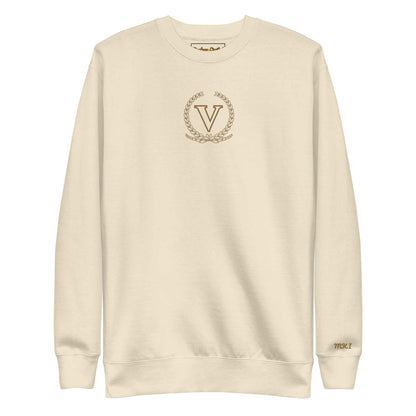 Core V Sweatshirt in Bone, front view with the embroidered V crest. Vigatour Mark I