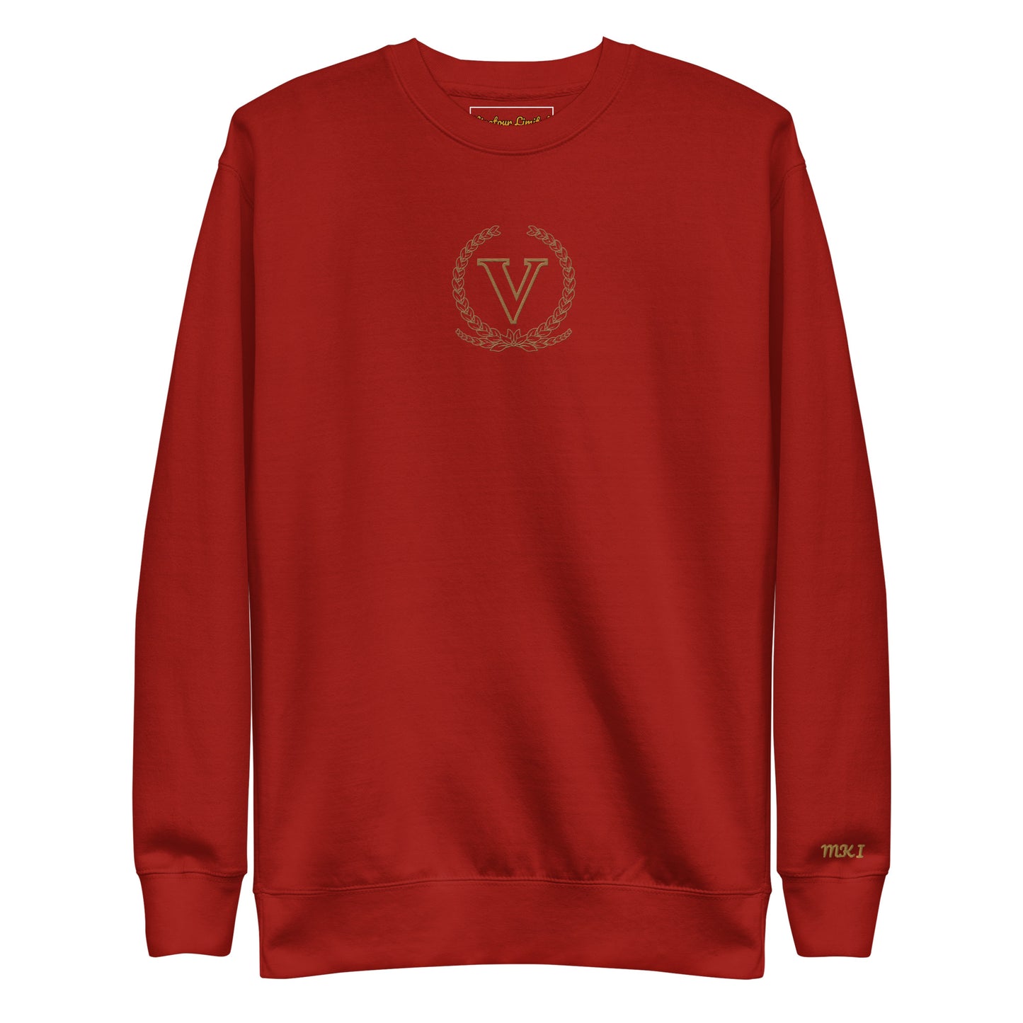 Red sweatshirt with a logo on a white background