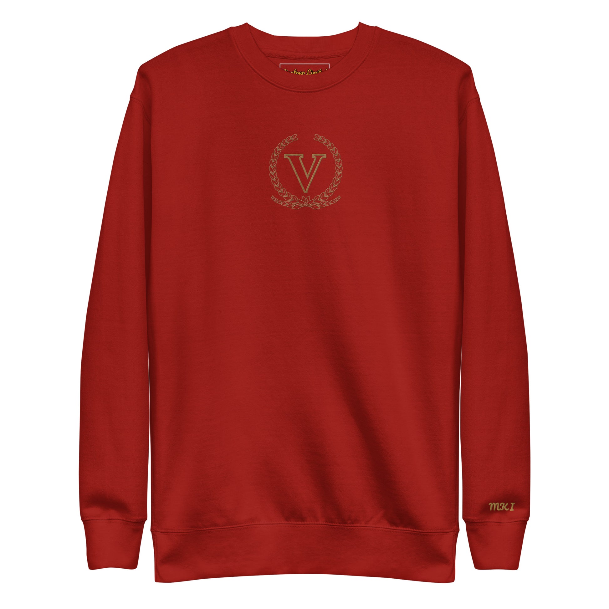 Red sweatshirt with a logo on a white background