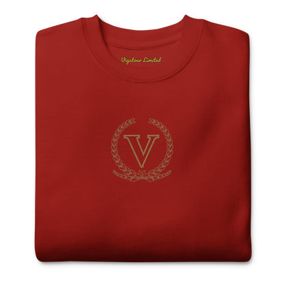Core V Sweatshirt in Cardinal, folded, close-up of the embroidered V crest. Vigatour Mark I