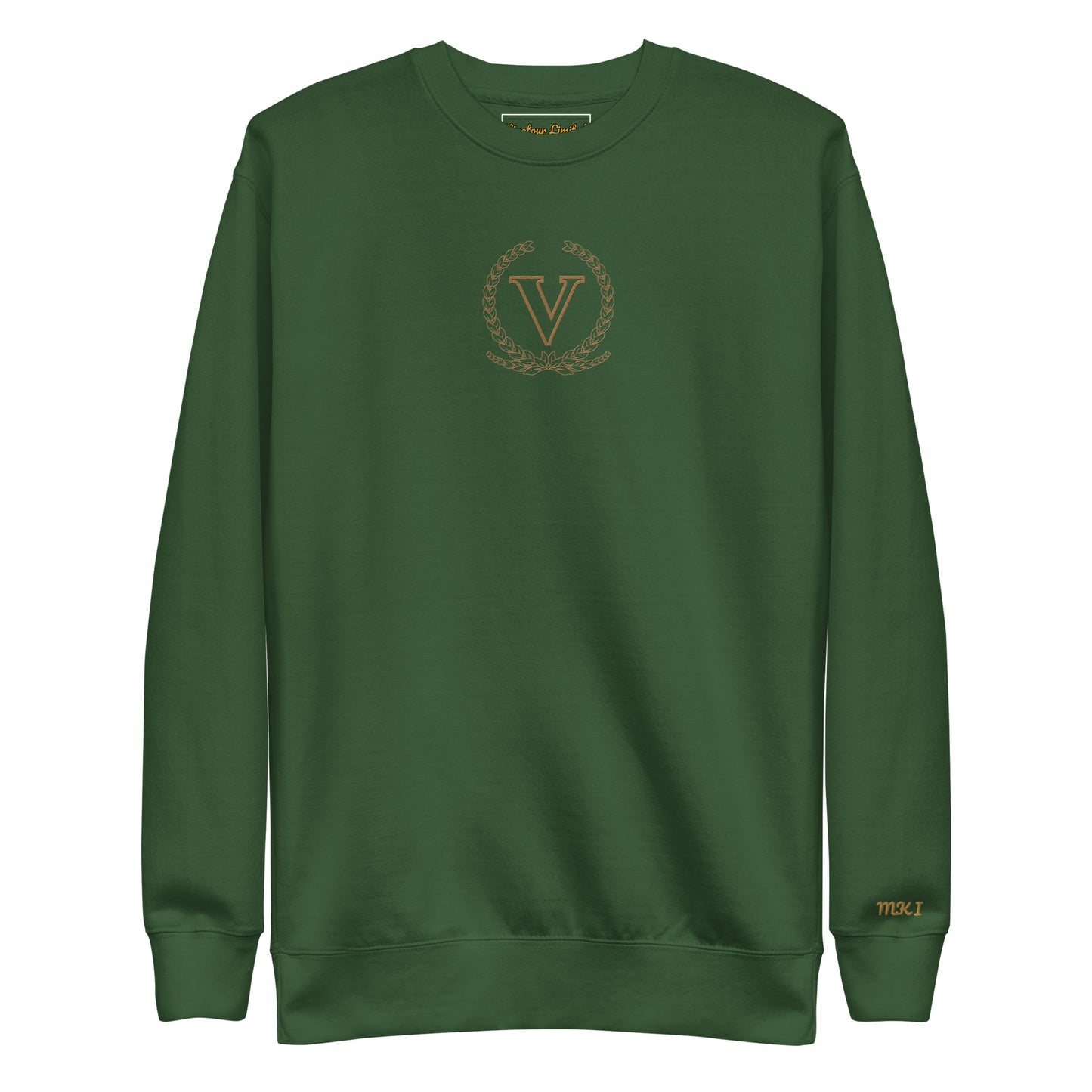 Green sweatshirt with a logo on a white background