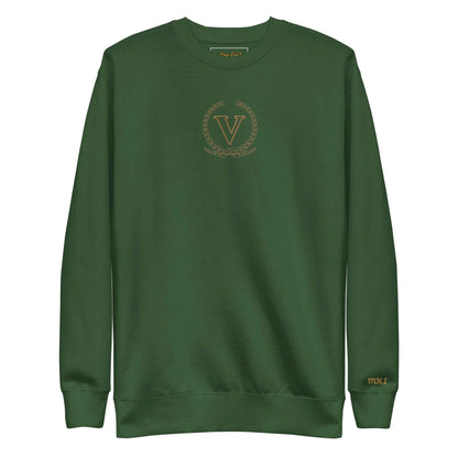 Core V Sweatshirt in Forest Green, front view with the embroidered V crest. Vigatour Mark I