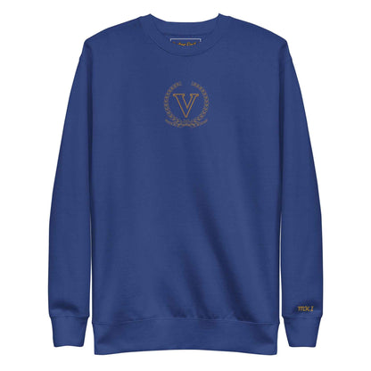 Core V Sweatshirt in Team Royal, front view with the embroidered V crest. Vigatour Mark I