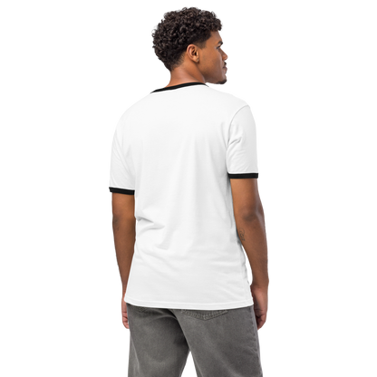 Man wearing Der Klassiker Ringer, white with black trim, back view. Vigatour Mark I