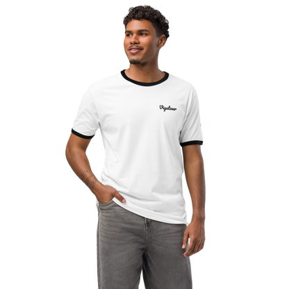 Man wearing Der Klassiker Ringer, front view with chain-stitch Vigatour script. Vigatour Mark I