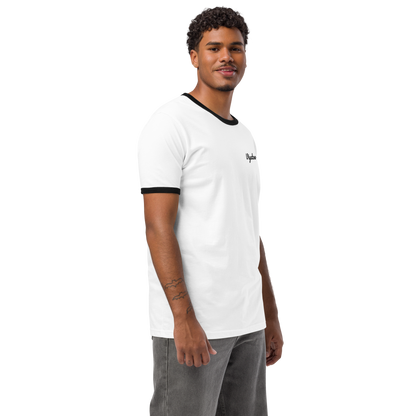 Man wearing Der Klassiker Ringer, white with black trim, right front view. Vigatour Mark I