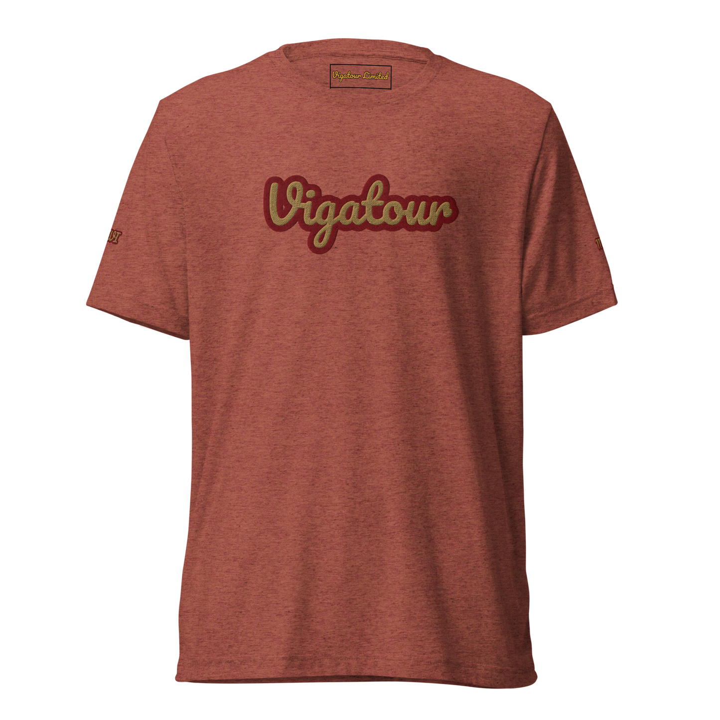 Blue t-shirt with a logo on the chest against a white background