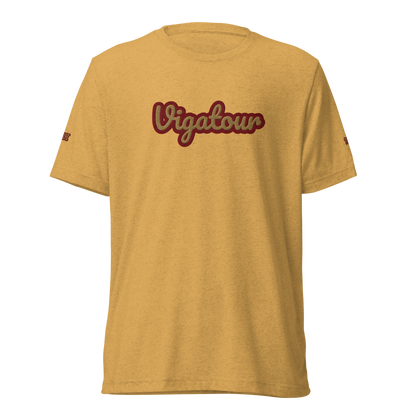La Vee in Mustard Triblend, flat front view with embroidered Vigatour script. Vigatour Mark I