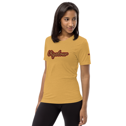 Woman wearing La Vee in Mustard Triblend, three-quarter view. Vigatour Mark I