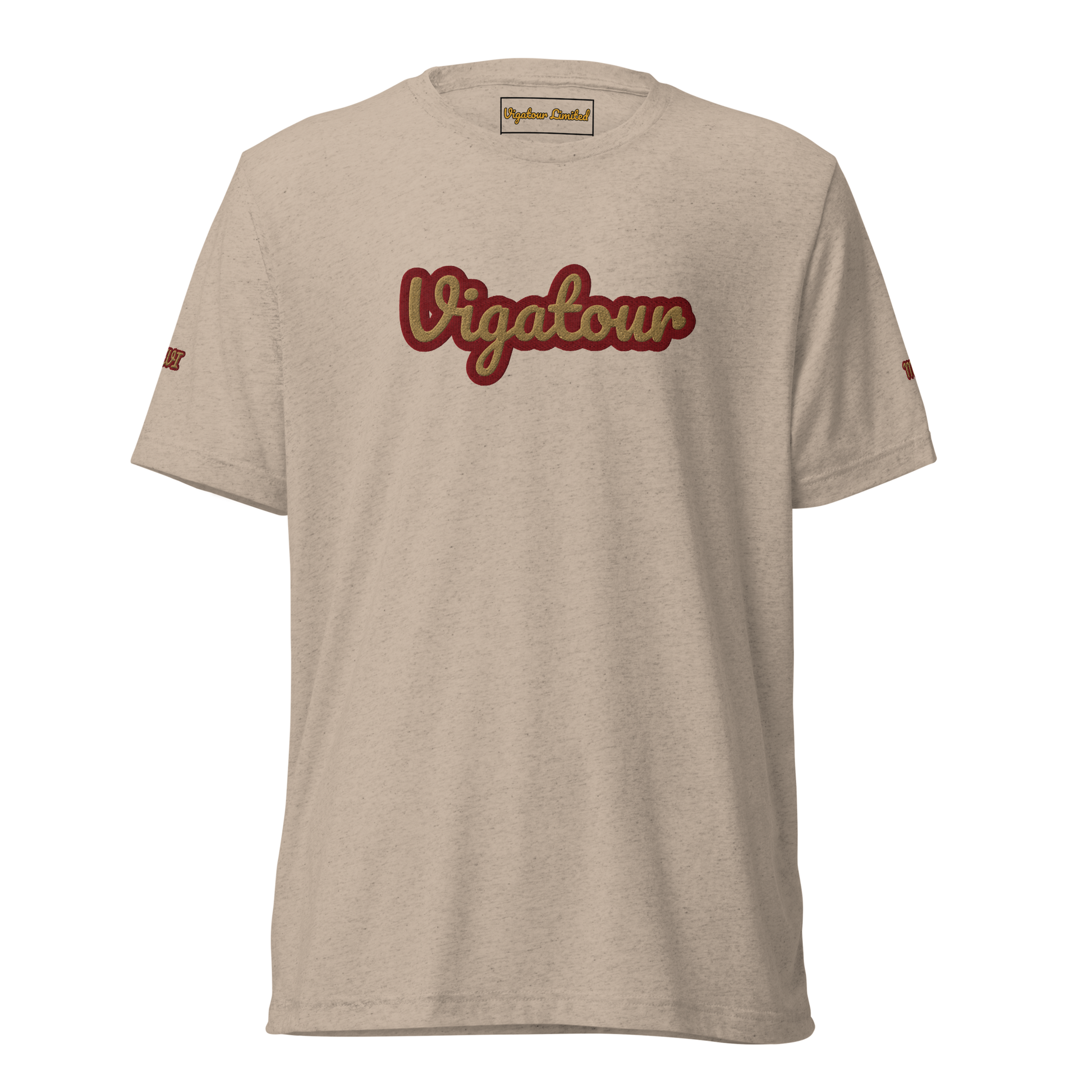 Beige t-shirt with 'Vigatour' logo on a white background