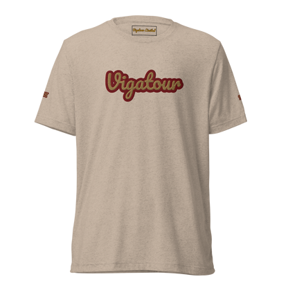 La Vee in Tan Triblend, flat front view with embroidered Vigatour script. Vigatour Mark I