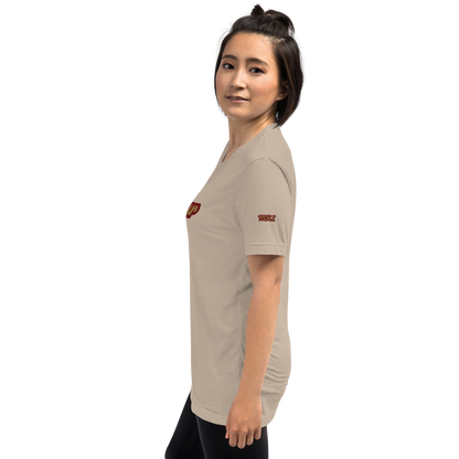 Woman wearing La Vee in Tan Triblend, side view. Vigatour Mark I